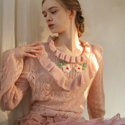 绣花毛衣脸儿艺法式复古木耳领
