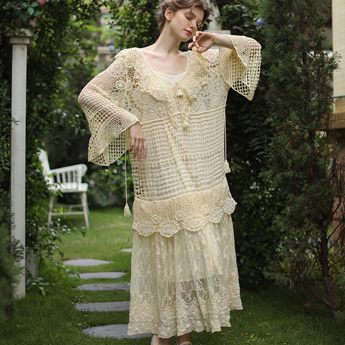 棉度假脸儿艺复古镂空长裙