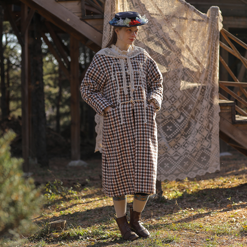 脸儿艺森女系咖啡千鸟格毛呢外套