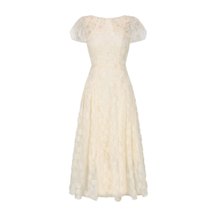 脸儿艺 重工通身蕾丝刺绣 闪闪鳞片 法式 大一字领 大摆连衣裙