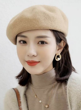 红色贝雷帽女秋冬大头围酒红色毛呢画家帽圣诞新年高级感蓓蕾帽子