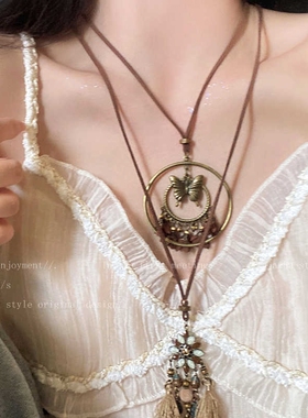 波西米亚复古流苏项链名族风小众2025款蝴蝶吊坠毛衣链捕梦网项链