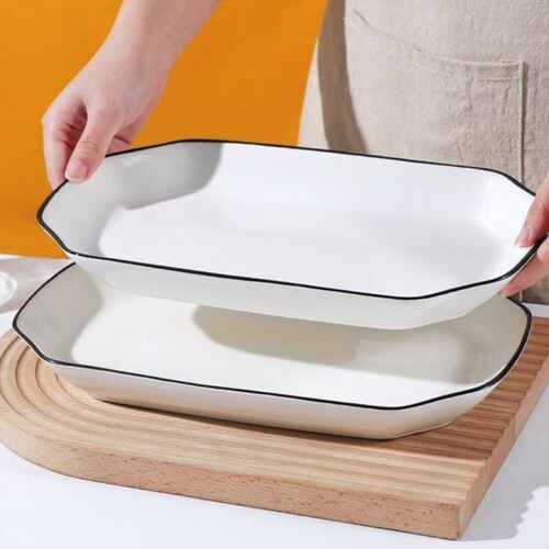 家用蒸鱼盘子网红简约ins黑边长方鱼盘装菜盘子陶瓷餐具可微波盘