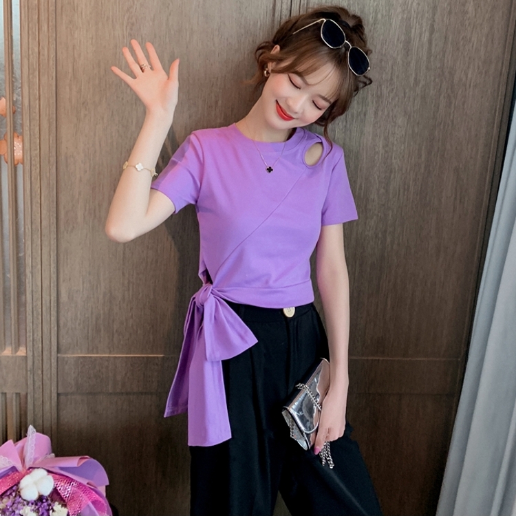 蝴蝶结绑带短袖t恤女ins超火网红紫色上衣2020年新款女装纯棉体恤