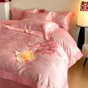 中式 120支长绒棉红色结婚全棉刺绣喜被套四件套纯棉床单婚嫁床品4