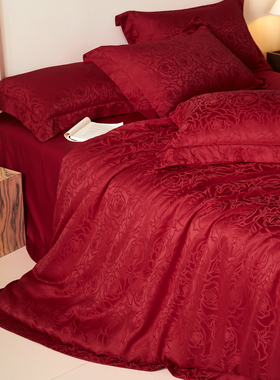 A类高档120支长绒棉提花婚庆四件套红色结婚被套床单新婚床上用品