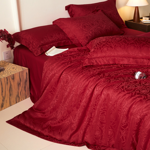 A类高档120支长绒棉提花婚庆四件套红色结婚被套床单新婚床上用品