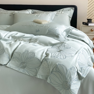 轻奢夏季 冰丝四件套花卉刺绣裸睡高级感天丝床单被套床笠床上用品