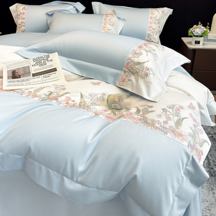 高奢感200支长绒棉四件套A类母婴级全棉花卉刺绣被套纯棉床上用品