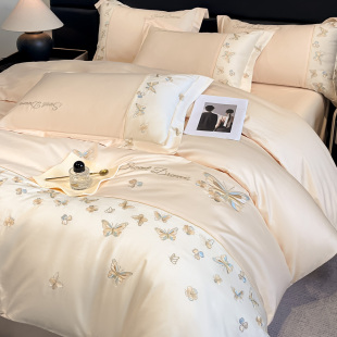 轻奢风180支水洗棉全棉四件套纯棉蝴蝶绣花被套床单高档床上用品4