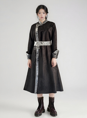 新款蒙古袍男女同款情侣装黑色蒙族服饰蒙古元素演出服蒙族日常装