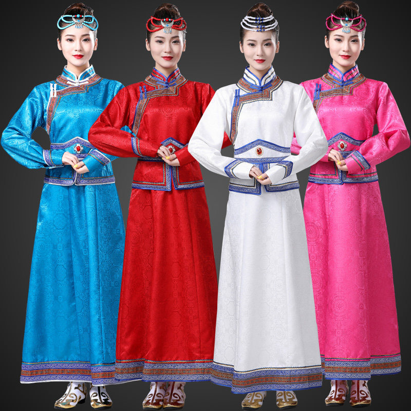 春季蒙古袍连衣裙长款女士提花蒙族传统民族服饰团体蒙古演出服装