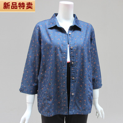 妈妈春夏装水洗棉牛仔衬衫中老年