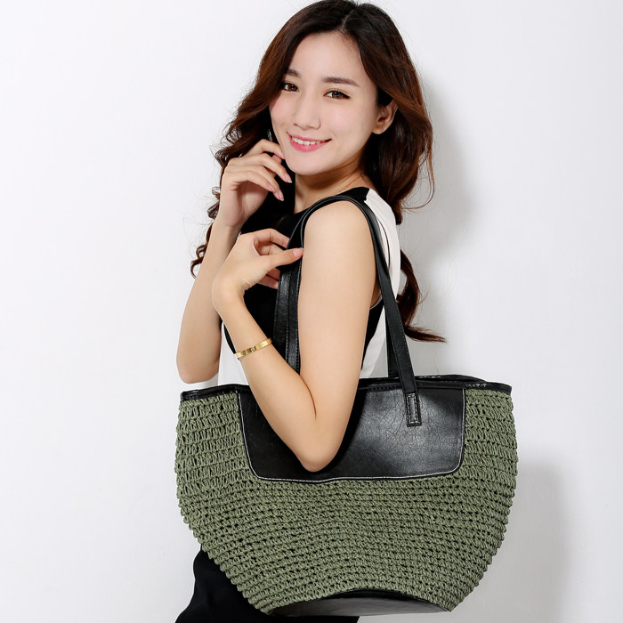 新款大牌草编包撞色拼接欧美包手工编织包夏季休闲女包沙滩包草包