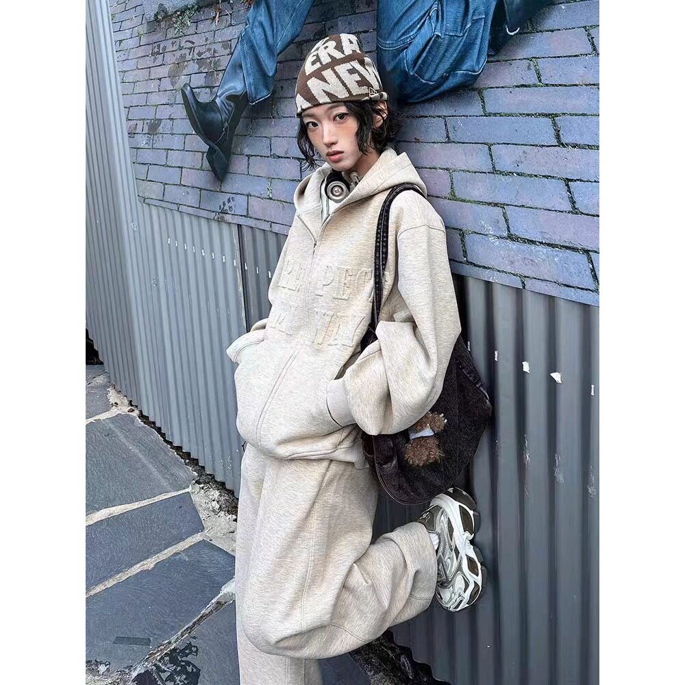 学院风运动服套装女秋冬季宽松减龄卫衣两件套潮牌原宿风潮流痞帅