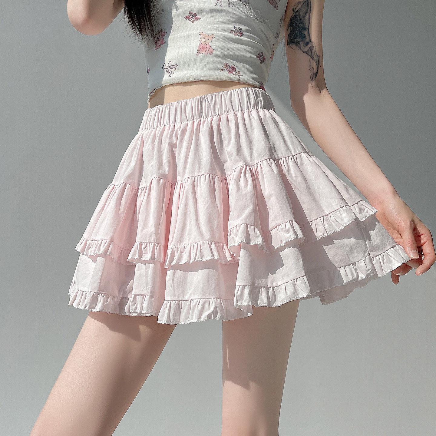 粉色甜美木耳边半身裙女
