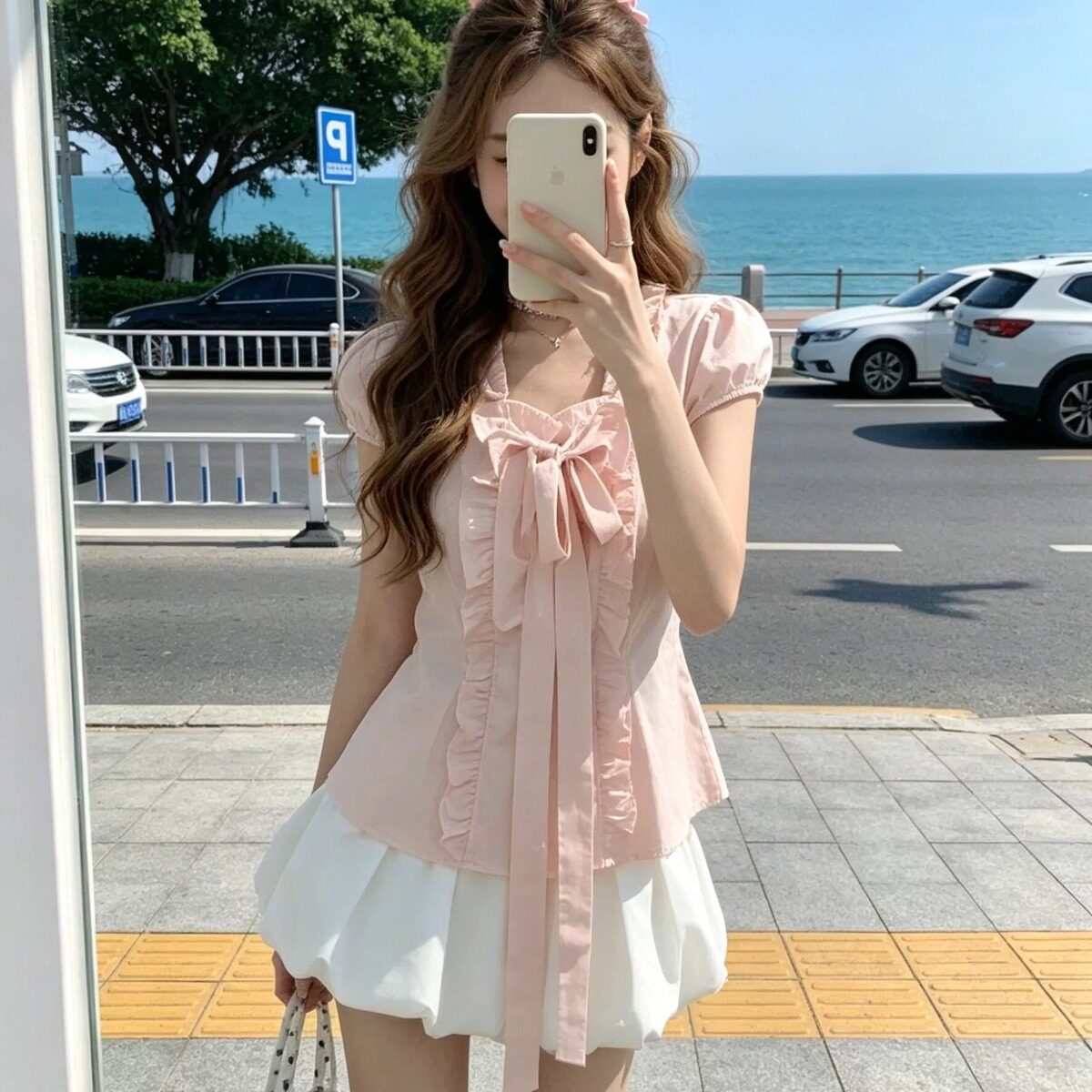 短袖甜美风木耳边蝴蝶结衬衫女收衬衫