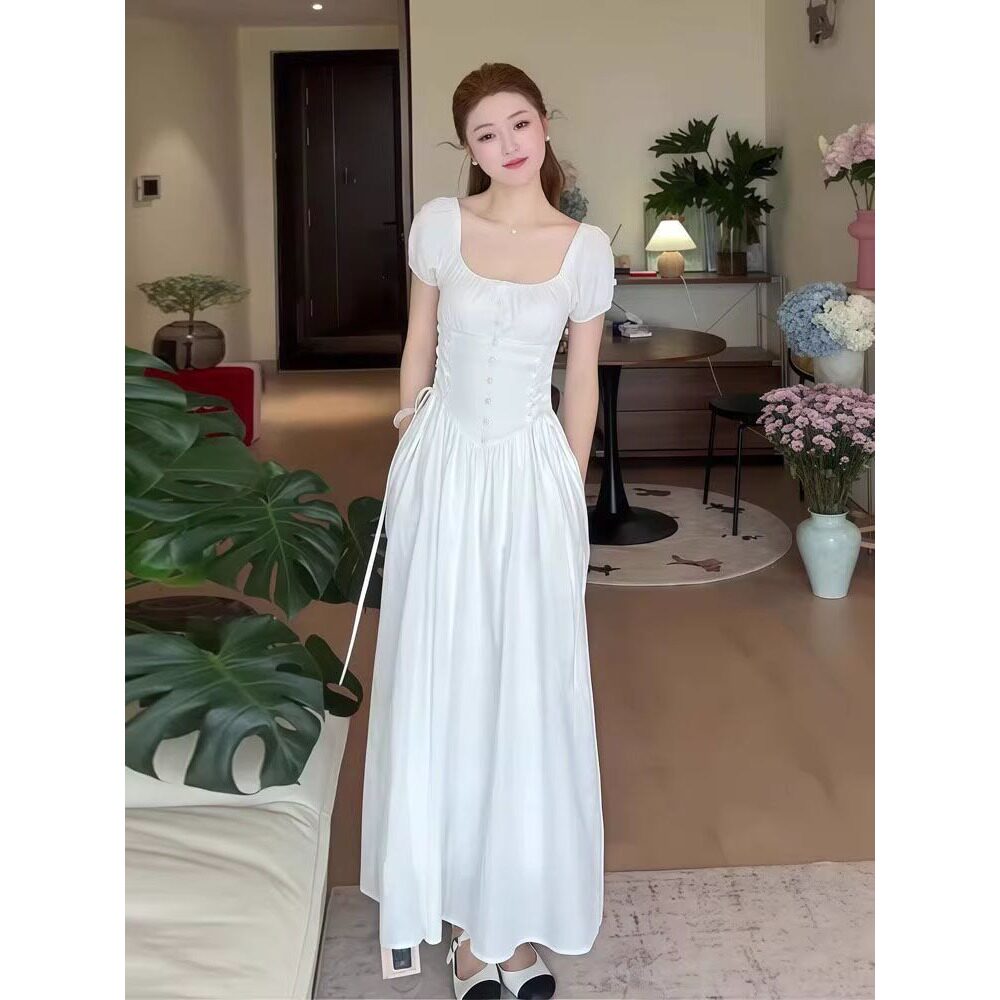 法式温柔风高级感交叉系带白色连衣裙子女夏装显瘦收腰短袖a字裙