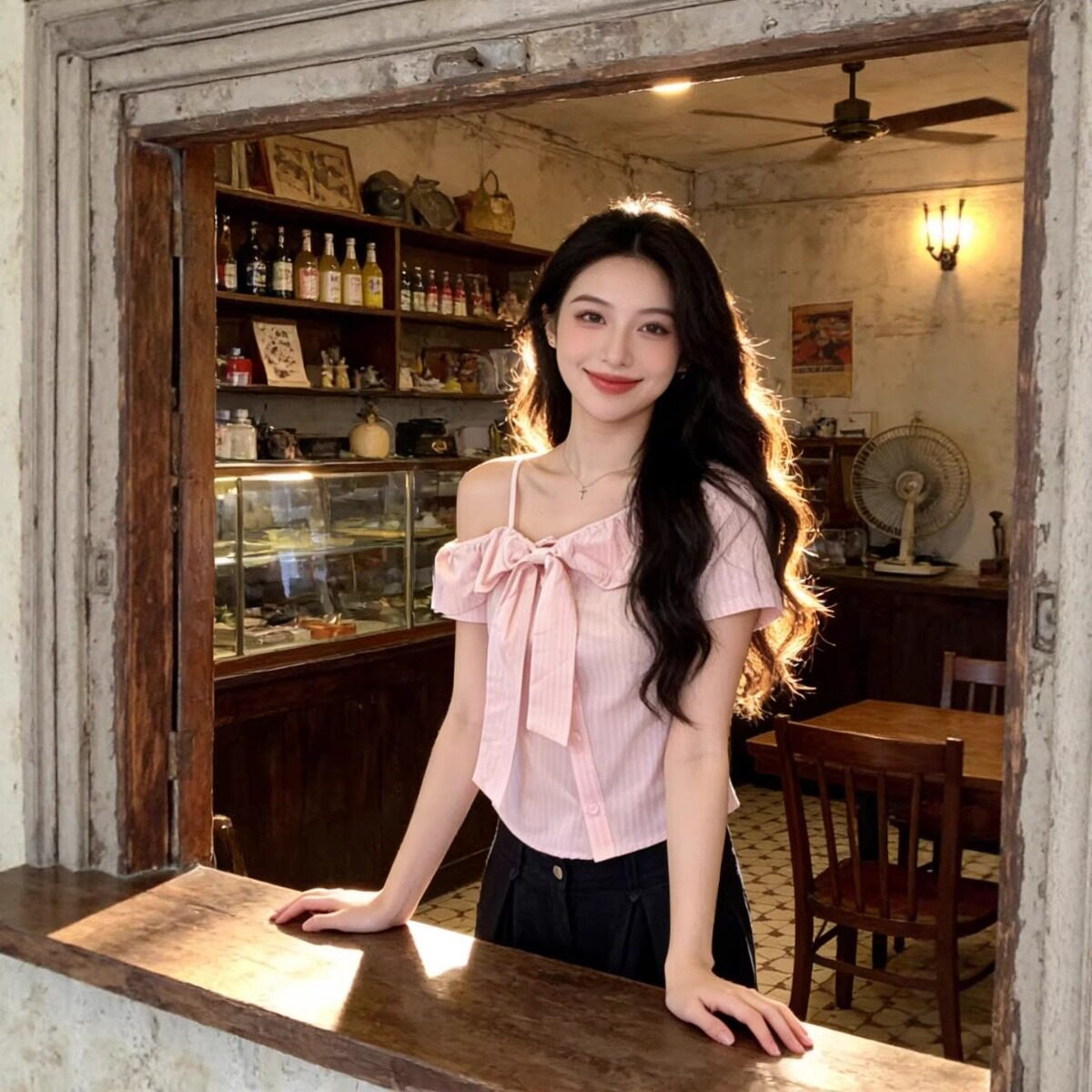 粉色条纹衬衫短袖女夏季蝴蝶结设计感衬衣小衫学院风修身显瘦上衣
