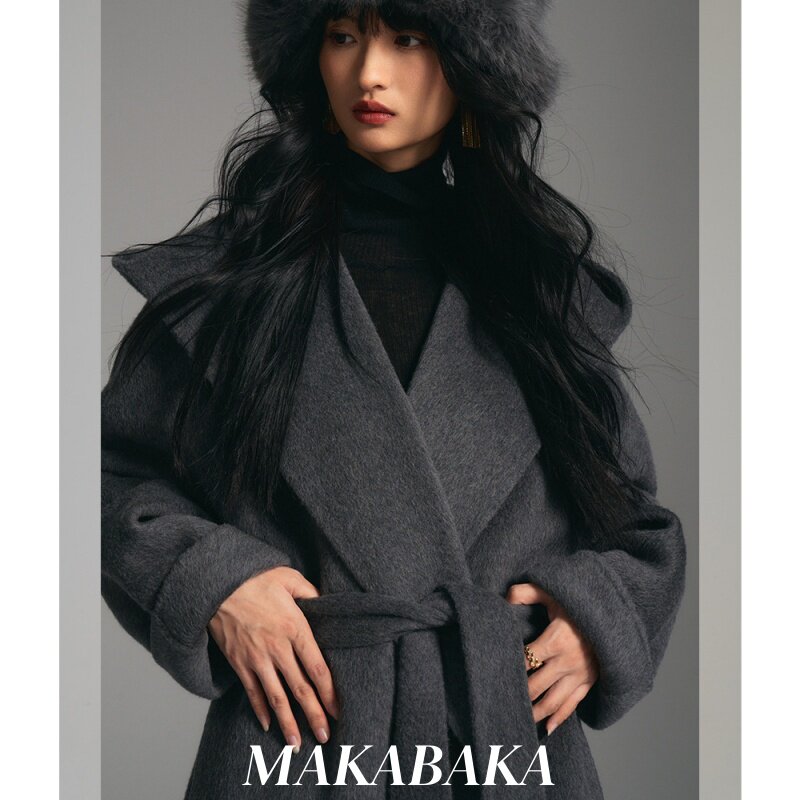 真丝羊毛连帽浴袍长款慵懒毛呢双面呢大衣女25冬季高级感羊绒外套