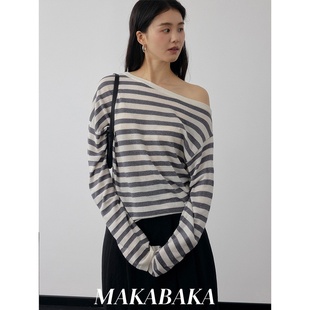 约会回头率100% 斜肩一字肩慵懒条纹针织衫女2026春新款宽松上衣