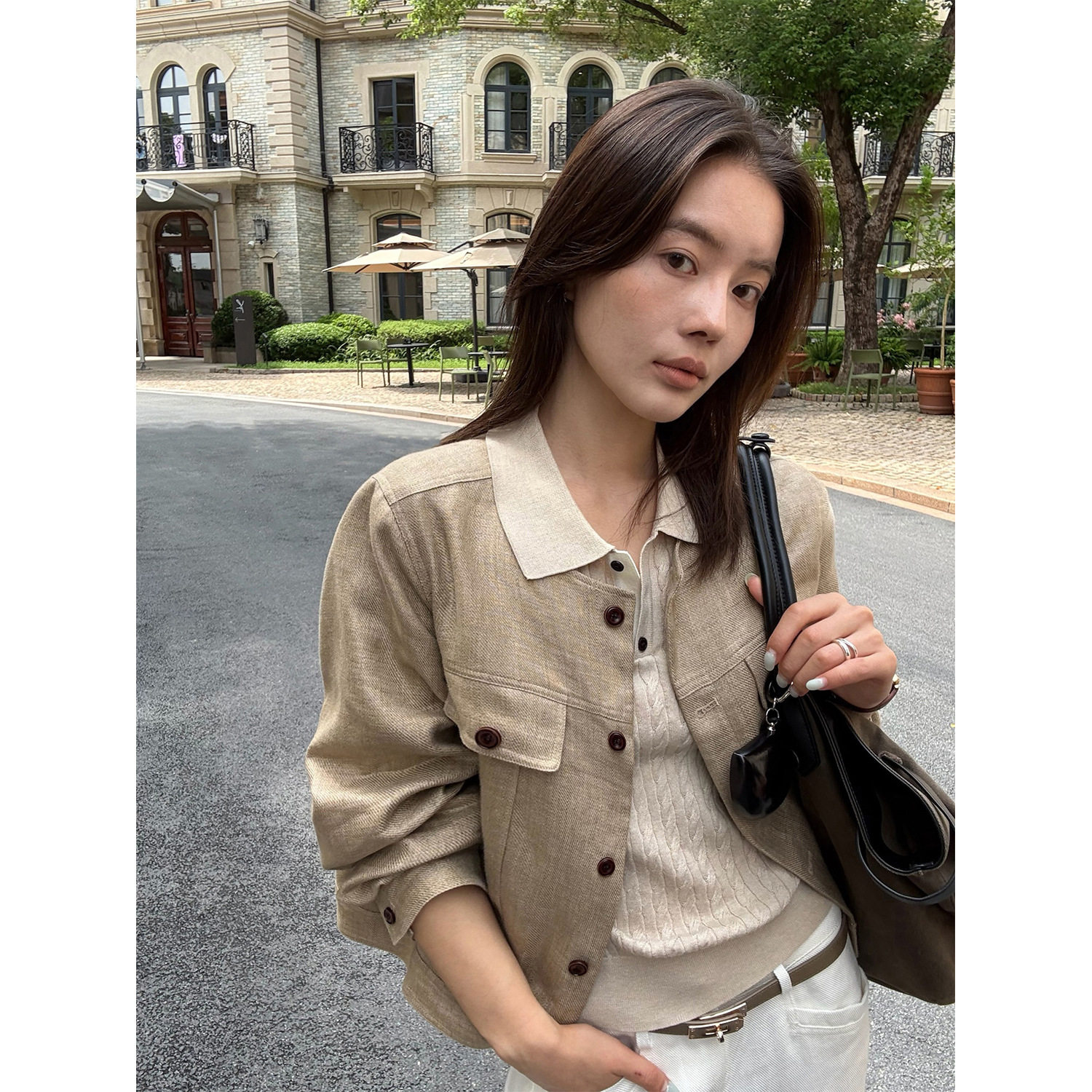 简奢天然亚麻翻领短外套女秋款