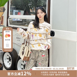 T恤女26春夏新款 CHEERi UPi休闲宽松金年豹富印花圆领套头长袖