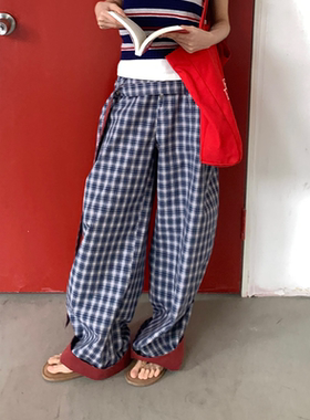YANAG撞色格纹拼接翻裤脚大大弯刀裤女26春夏新款