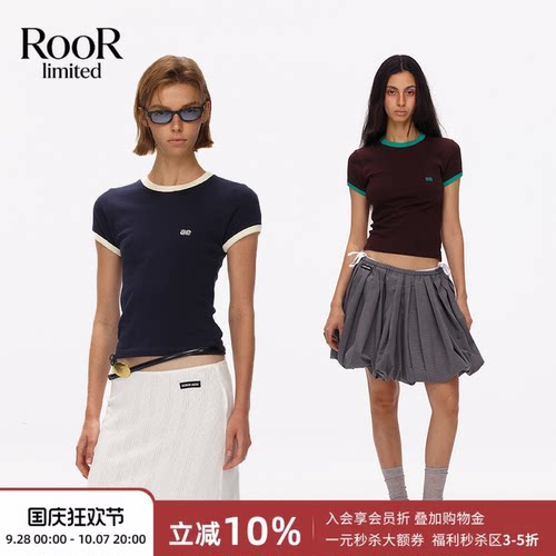 修身短款撞色刺绣T恤女夏新款