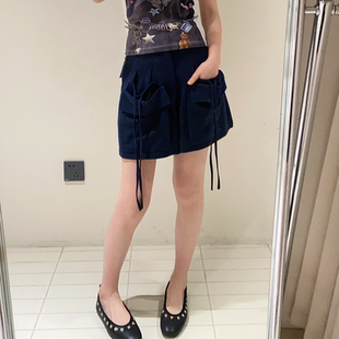 丿未PUREVENUS藏青色蝴蝶结工装A字短裤女26夏季新款