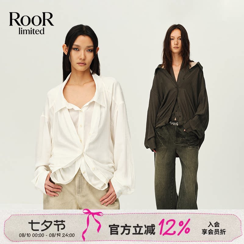方圆假两件V领挂脖长袖衬衫女
