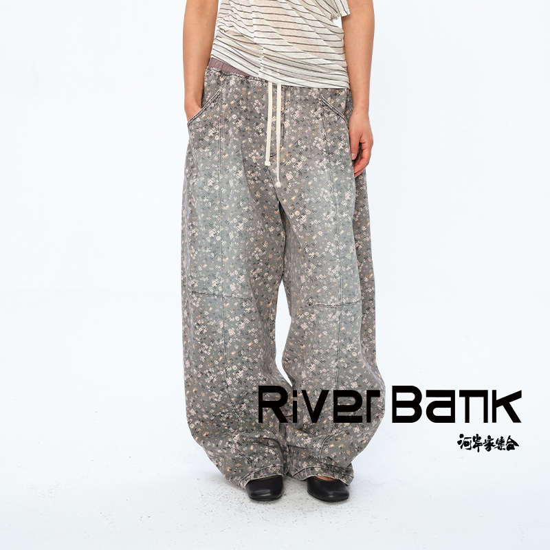 设计师品牌square circle方圆马赛克碎花复古阔腿抽绳牛仔裤新款