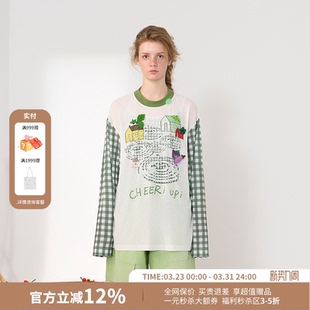 T恤女26新款 房屋印花拼接长袖 UPi村庄里 CHEERi