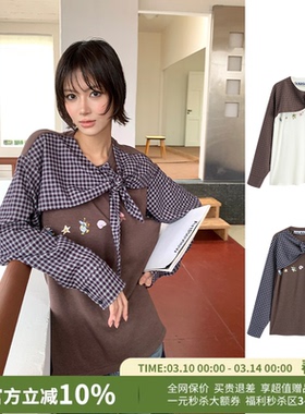 YANAG昆虫序曲领结拼格假两件长袖T恤女26春夏新款