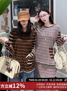 CHEERi UPi复古宽松条纹正反两穿花边长袖毛衫上衣女26春夏新款