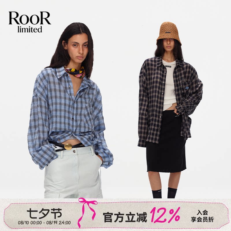 ECHOADE夏季超薄格纹长袖衬衫女