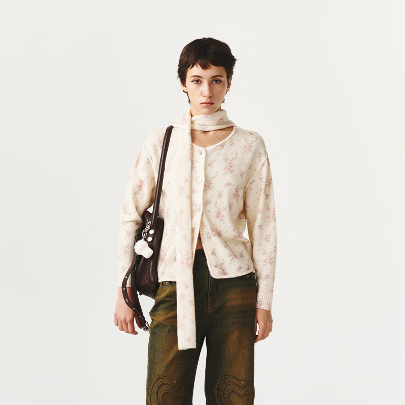 FORDARE福蝶复古墙纸碎花飘带毛针织衫女26早春新款,女装/女士精品,毛针织衫,淘宝优惠券,粉丝福利购,淘宝优惠卷