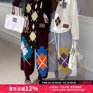 CHEERi UPi马赛克菱形格羊毛抽绳七分裤女26春夏新款