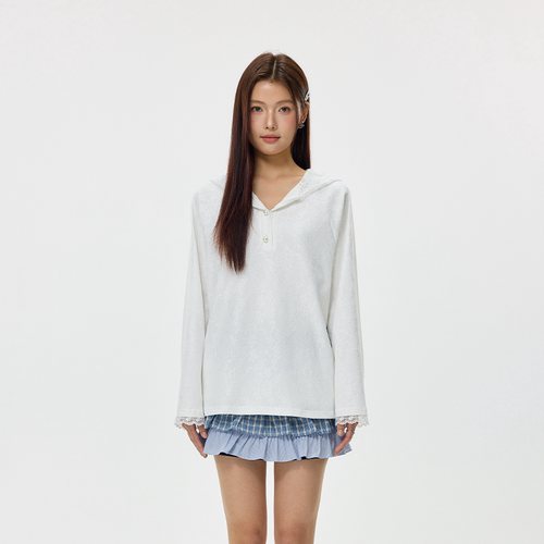 OooFYang白色蕾丝连帽T恤女
