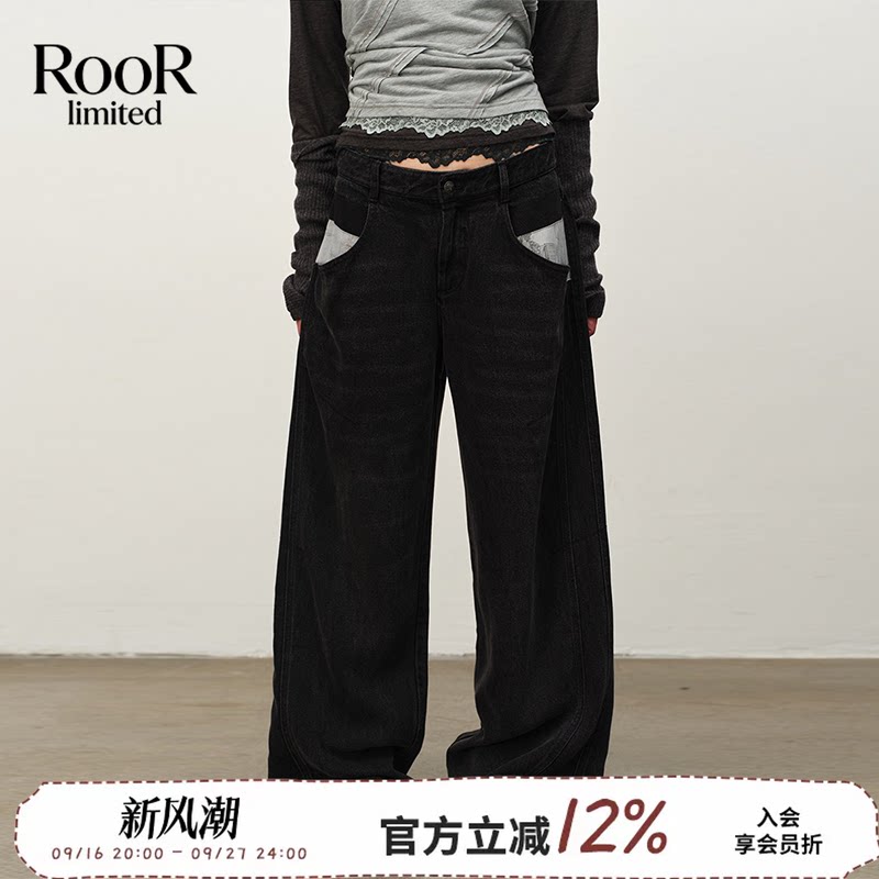 方圆印花拼接黑色女牛仔裤秋季