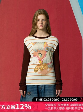 CHEERi UPi复古金马玉堂拼色修身打底长袖T恤女26春夏新款