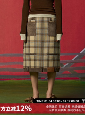 CHEERi UPi复古格纹拼接中长款半身裙女26春夏新款