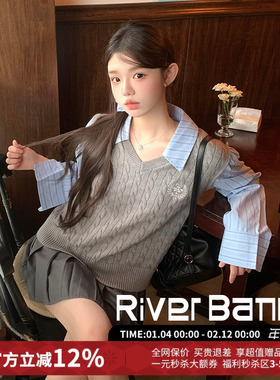 Andrea Martin休闲蓝色衬衫拼接条纹毛衣女25秋新款