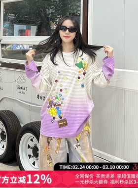 CHEERi UPi渐变纽扣印花条纹长袖T恤女26春夏新款