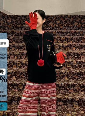 【现货】SELALAGU X OITMMTIO黑色恶搞黑金刺绣羊绒混纺上衣