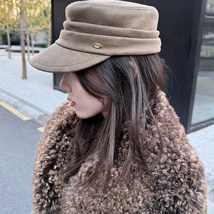 SOUL HUG纯色百搭麂皮绒桑蚕丝复古马术帽女气质显脸小25秋冬新款