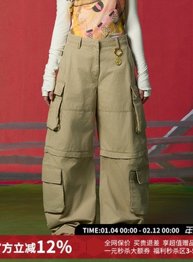 CHEERi UPi宽松卡其色可拆卸水洗工装长裤女26春夏新款