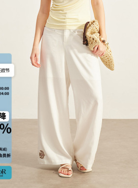 Sofitte休闲宽松贴布绣白色天丝亚麻直筒长裤女26春夏新款