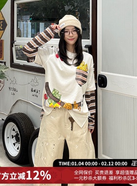 CHEERi UPi休闲宽松腰缠万贯印花拼接假两件长袖T恤女26春夏新款