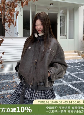 YANAG做旧裂纹皮毛一体机车夹克短外套女26春夏新款